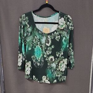 Blue Sky Green Floral Scoop Neck Long Sleeve Top